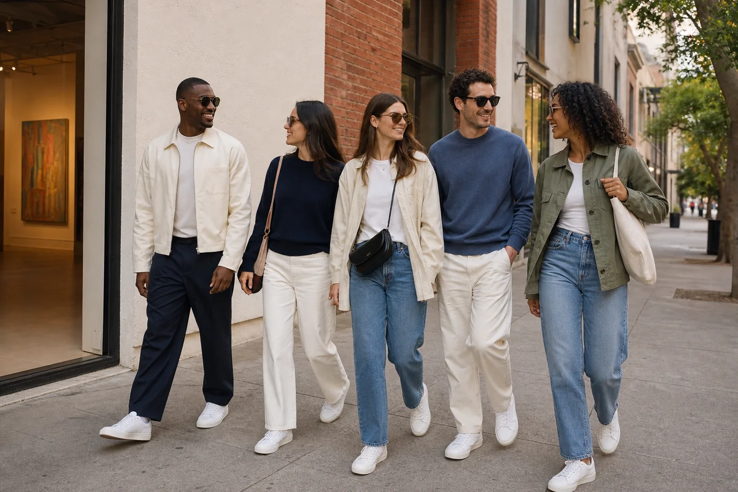 Candid street photography of friends in low-profile white sneakers walking between galleries in a European-style city neighborhood