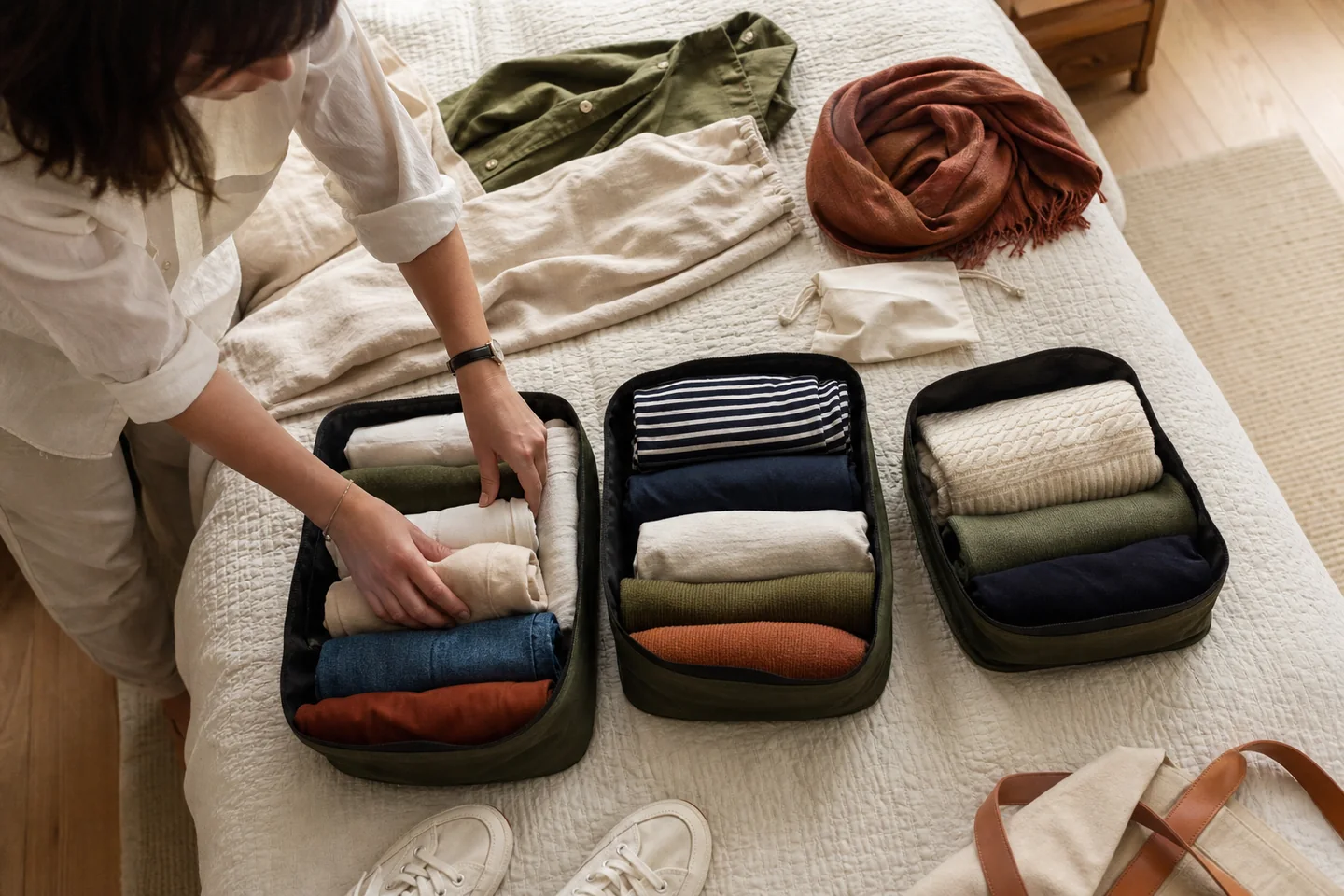 Top-down photoreal travel scene of a person packing a compact capsule wardrobe into organized packing cubes on a bed