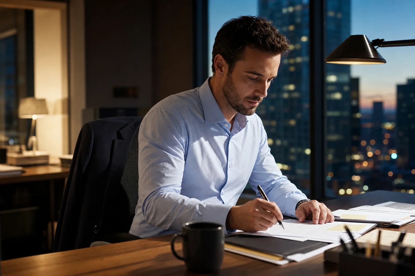 Photoreal office lifestyle image of a professional in a crisp pale blue dress shirt working late at a desk, jacket on chair and city lights outside