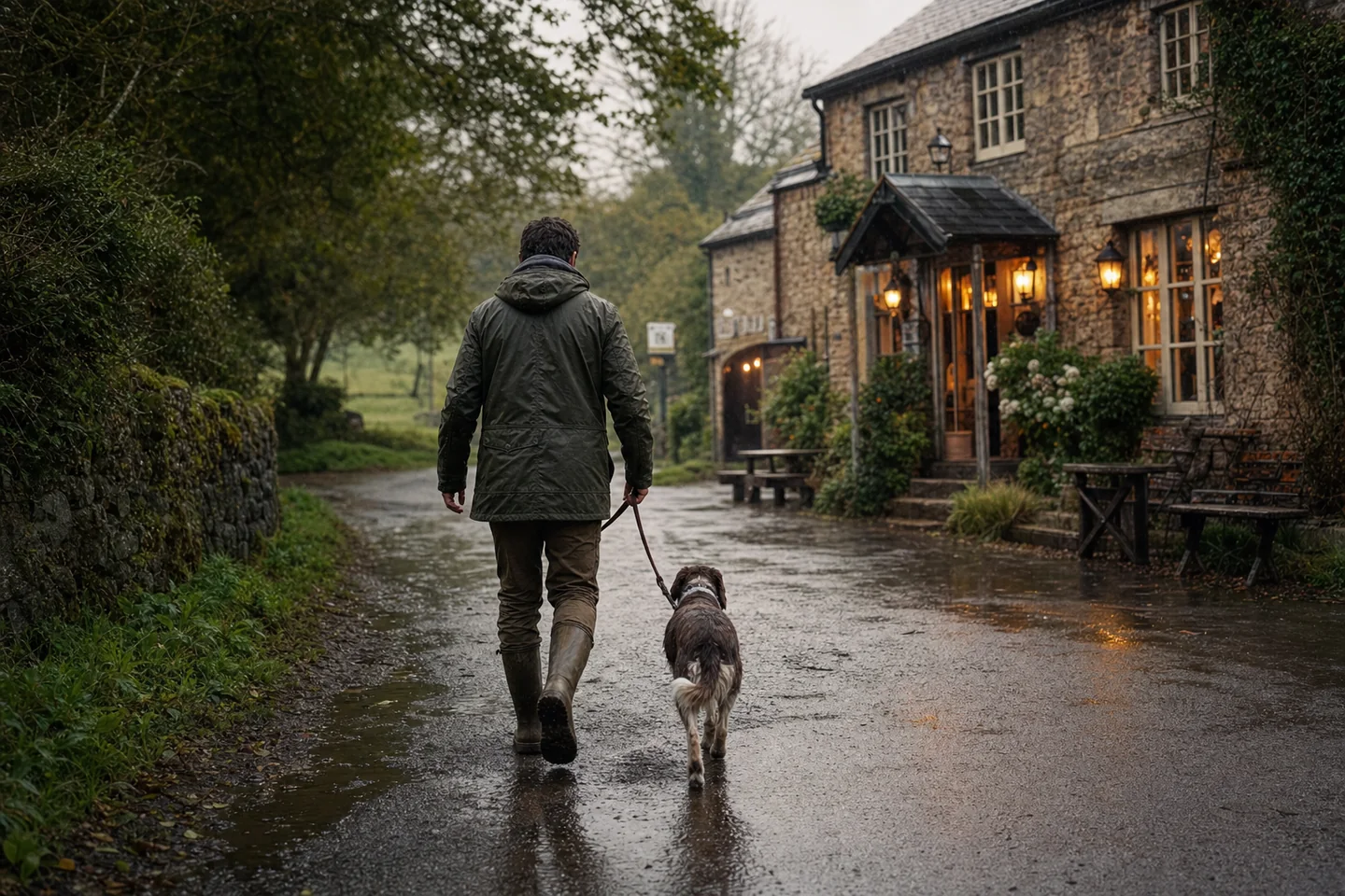 Photoreal rainy countryside scene of a person in an olive waxed jacket walking a dog toward a village pub, natural overcast light