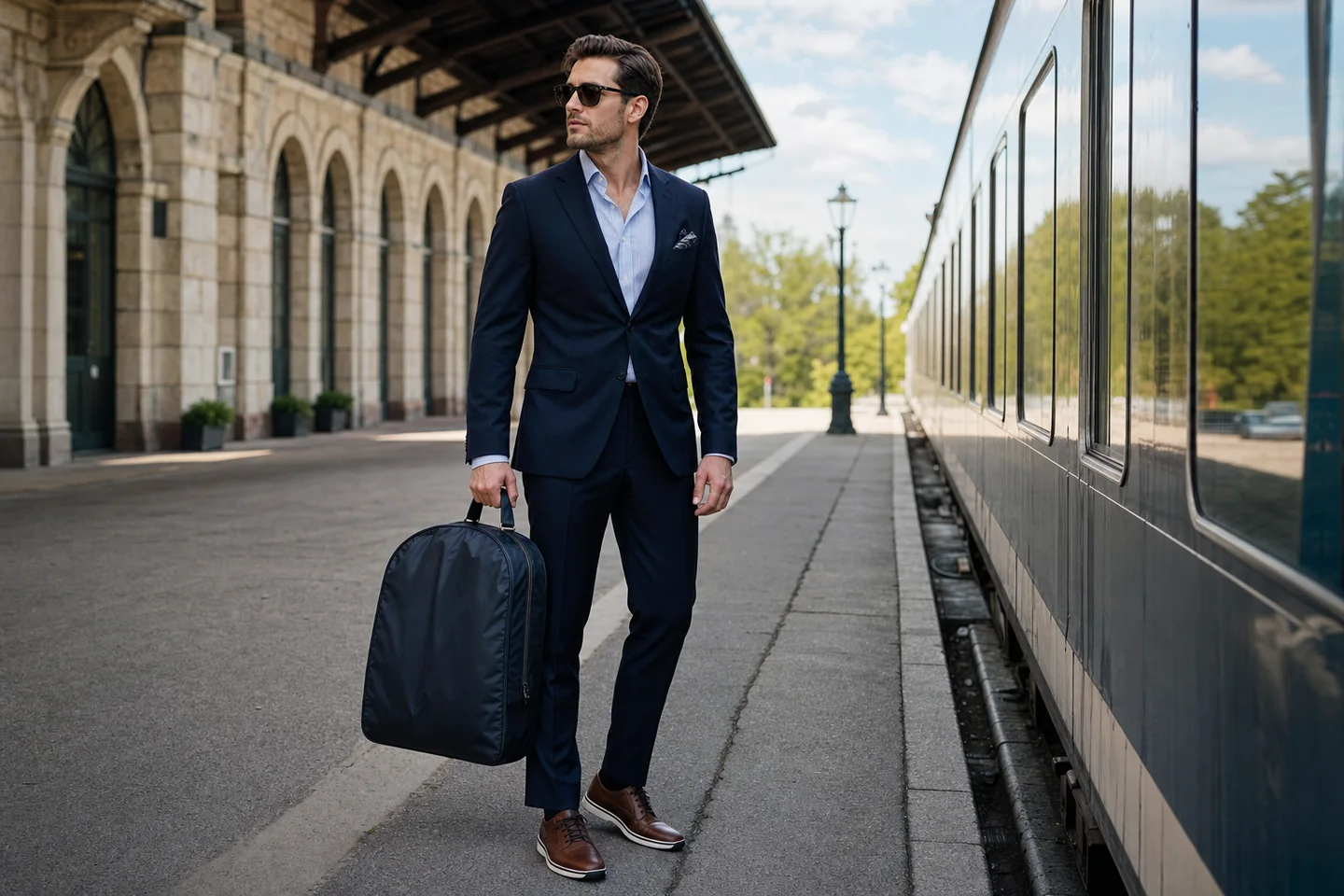 Real wedding-day lifestyle photo of a man in navy tailoring wearing modern hybrid dress shoes on a station platform with a garment bag