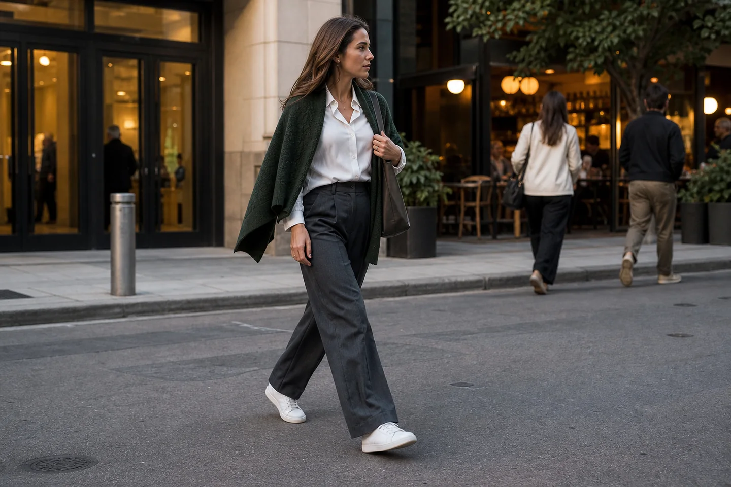 Candid city photograph of a woman in charcoal tailored trousers and clean white sneakers walking from an office to an evening café