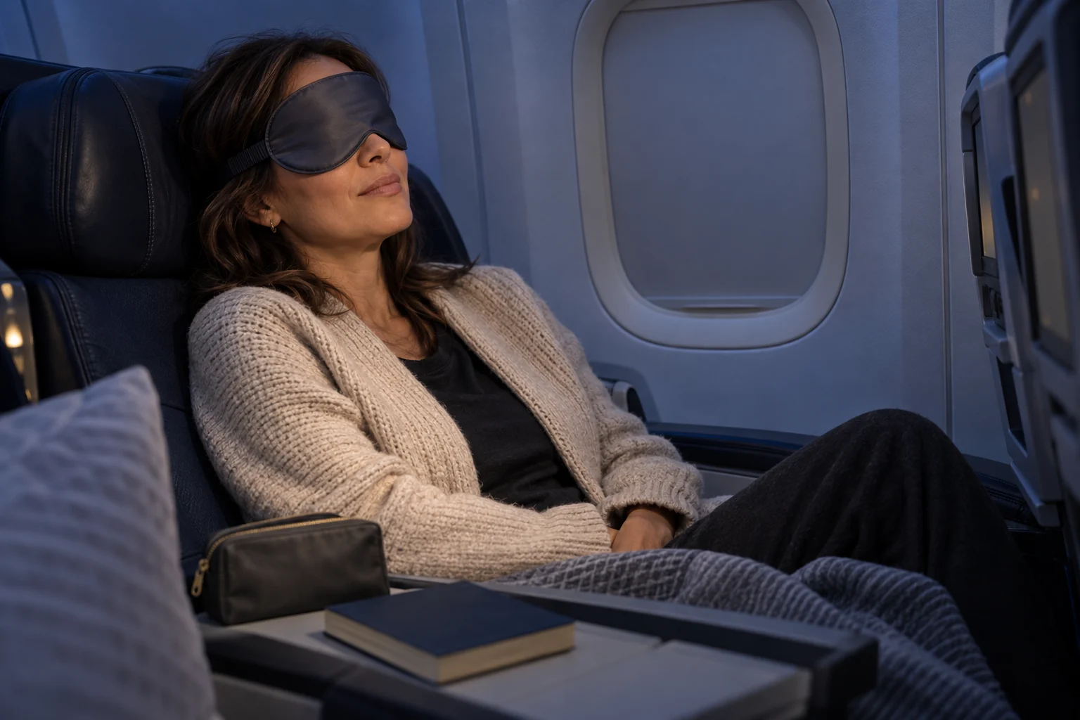 Candid night-flight editorial photograph of an adult traveler in an oatmeal cardigan resting by the window with a plain charcoal silk eye mask