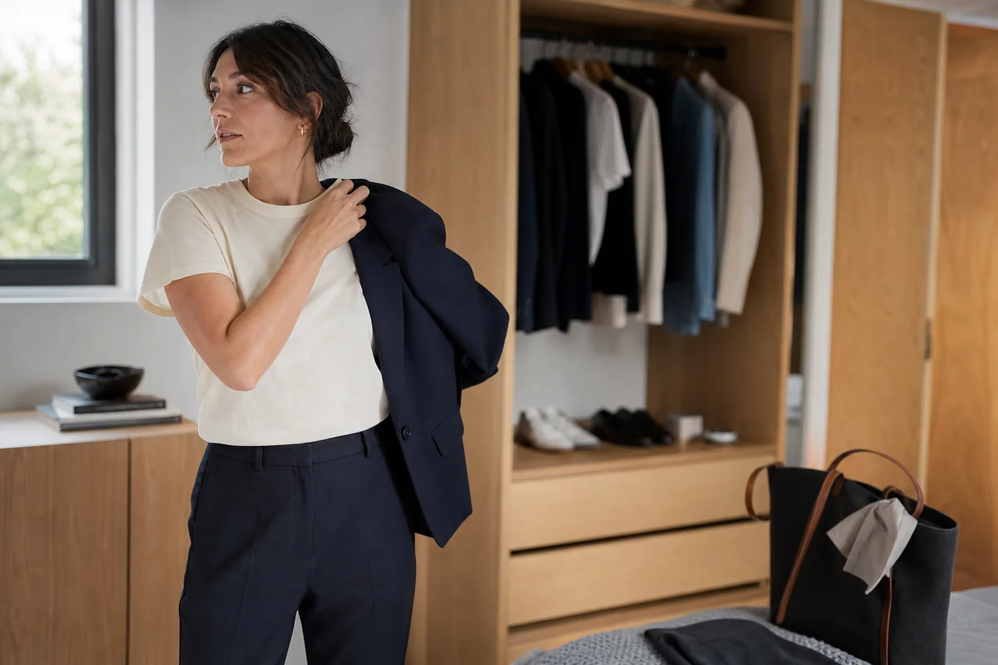 Photoreal editorial image of a woman in a cream everyday T-shirt layering a navy blazer in a bright bedroom, realistic wardrobe and morning light
