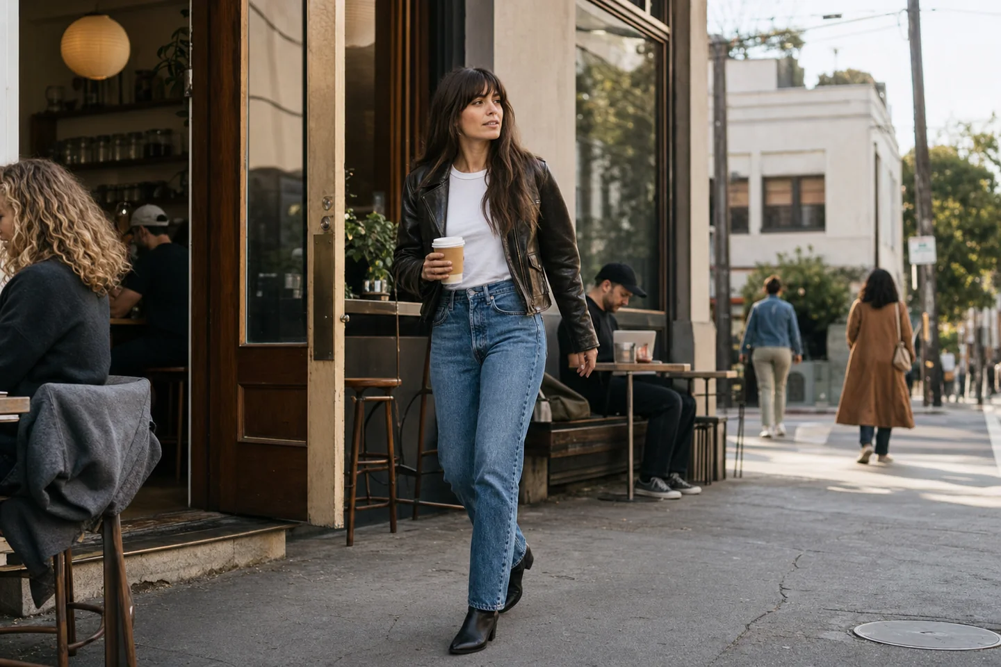 Candid street-style photograph of a person in straight blue jeans, white T-shirt and leather jacket leaving a neighborhood coffee shop on a bright Saturday morning