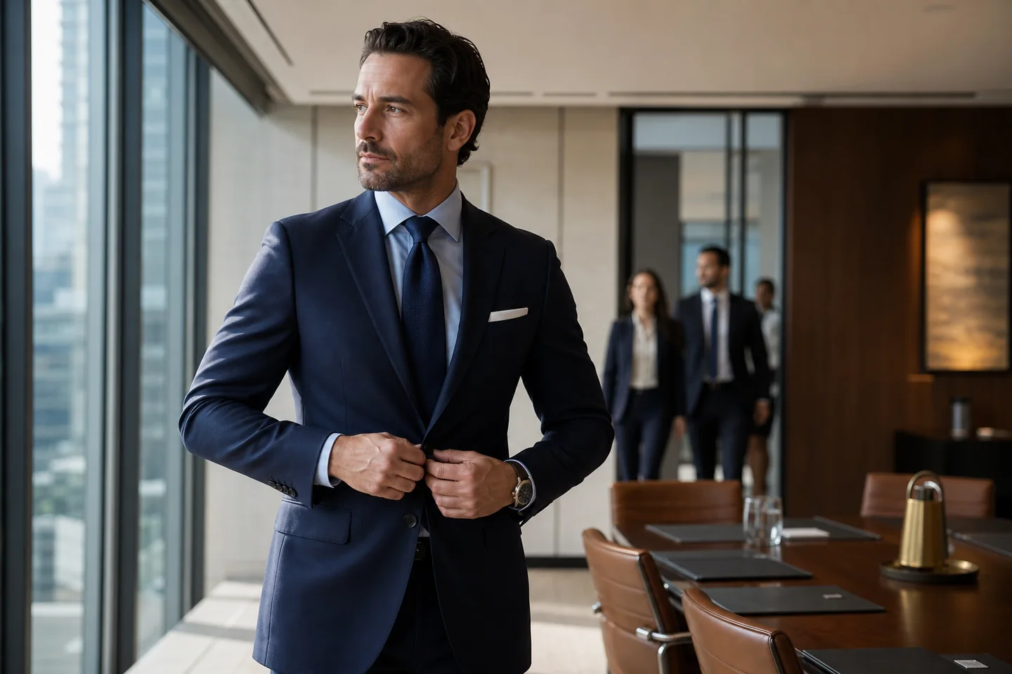 Editorial office photo of a man adjusting a navy suit jacket before presenting in a modern conference room, colleagues arriving in the background