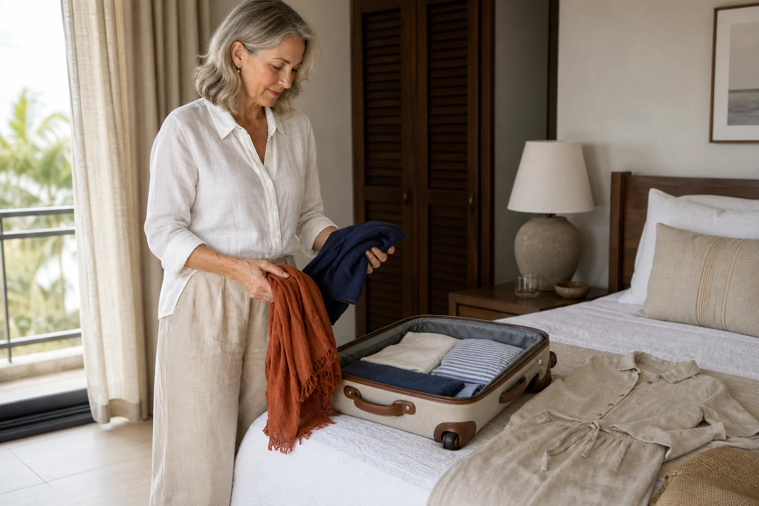 Candid editorial travel scene of a mature woman in an ivory linen shirt and sand wide-leg trousers packing a neutral linen capsule in a bright hotel room