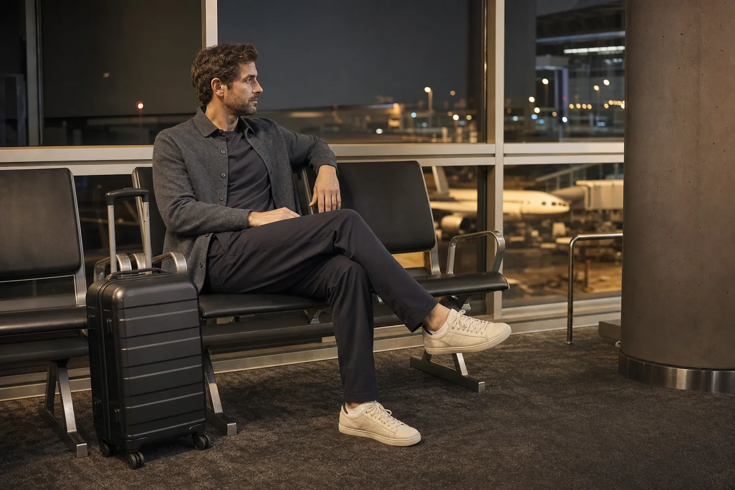 Candid red-eye airport photo of a man in dark travel pants, knit overshirt and sneakers sitting at a quiet gate with a carry-on