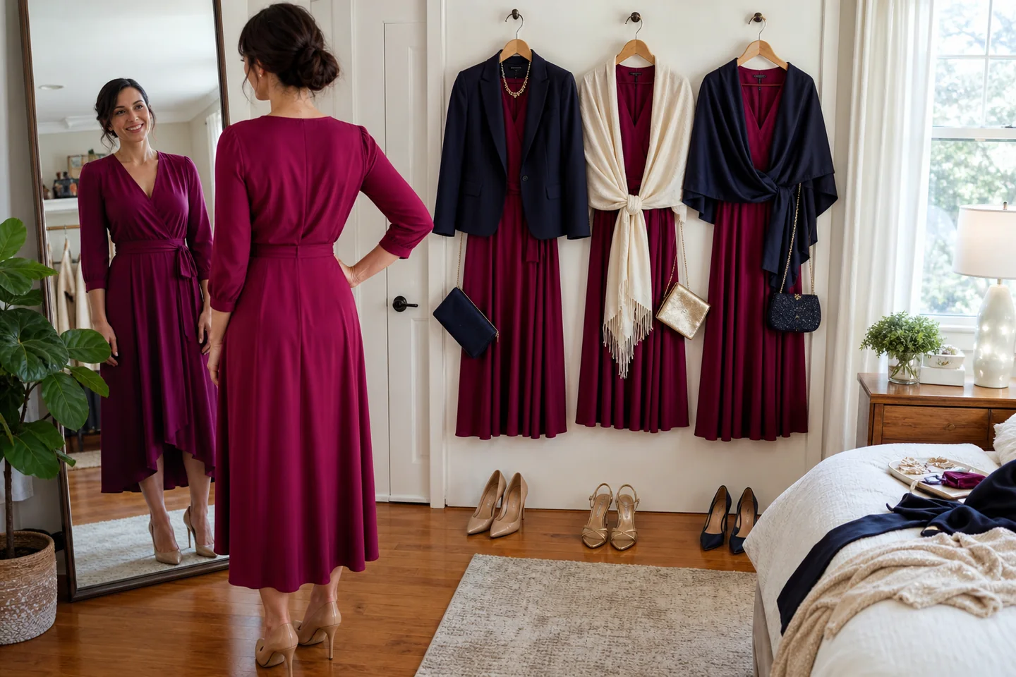Candid bedroom styling scene with a woman trying one jewel-tone midi dress with three different jackets, shoes and bags laid out