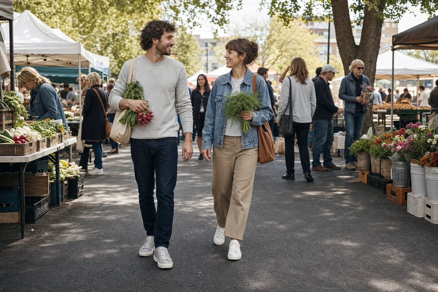 Natural documentary photo of a couple in casual sneakers spending a long Saturday at an outdoor market, realistic city setting