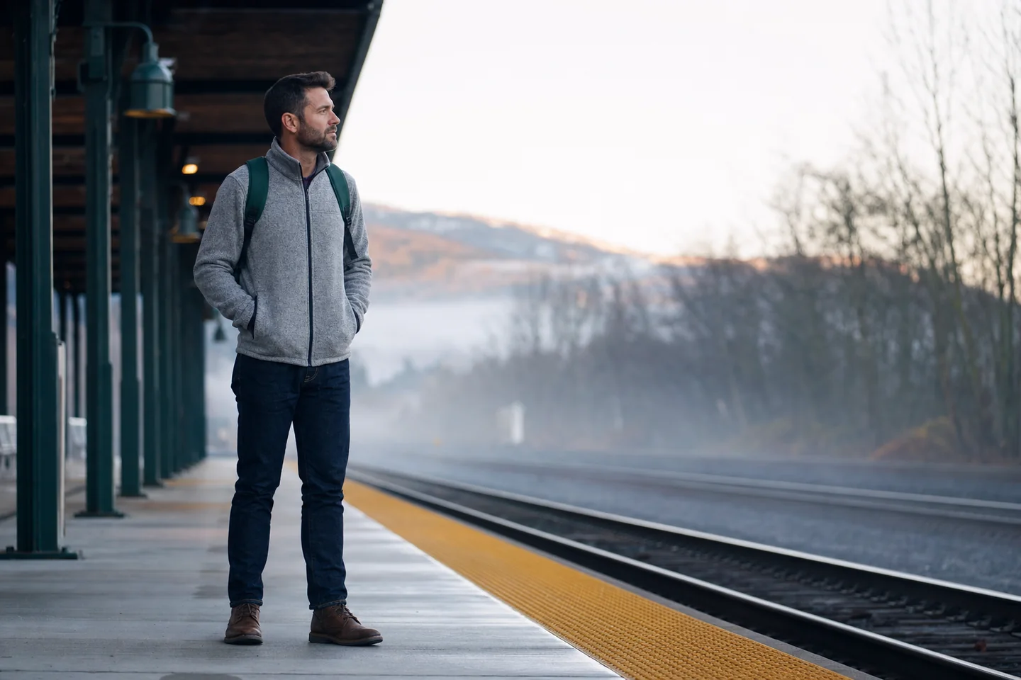 Realistic commuter scene of a man in a heather fleece jacket waiting on an outdoor train platform with a backpack in cool morning light