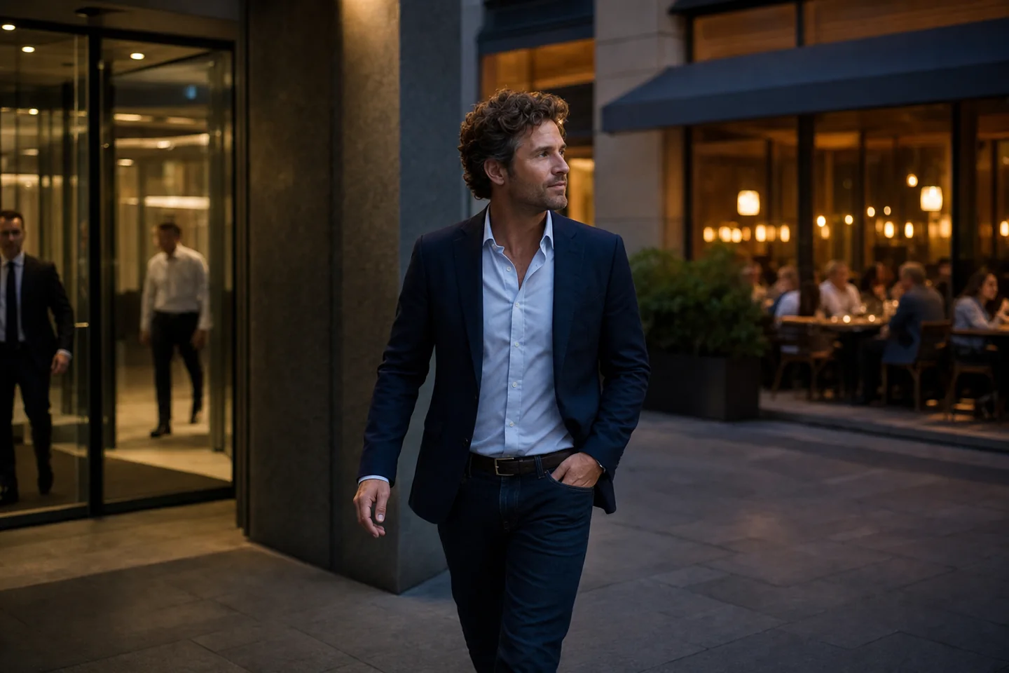Editorial evening photo of a man leaving an office in a navy blazer, open-collar shirt and dark denim, city restaurant lights ahead