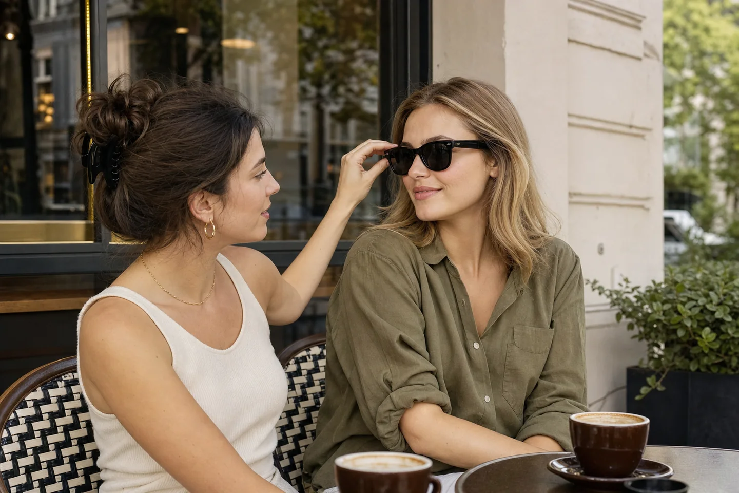 Candid outdoor café portrait of a person trying classic black wayfarer-style sunglasses in natural daylight, friend checking the side fit