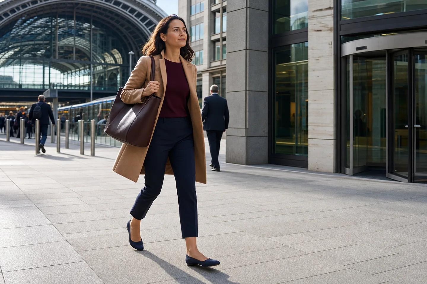 Real commuter photo of a woman in simple flats and cropped trousers walking from a train station to an office with a tote