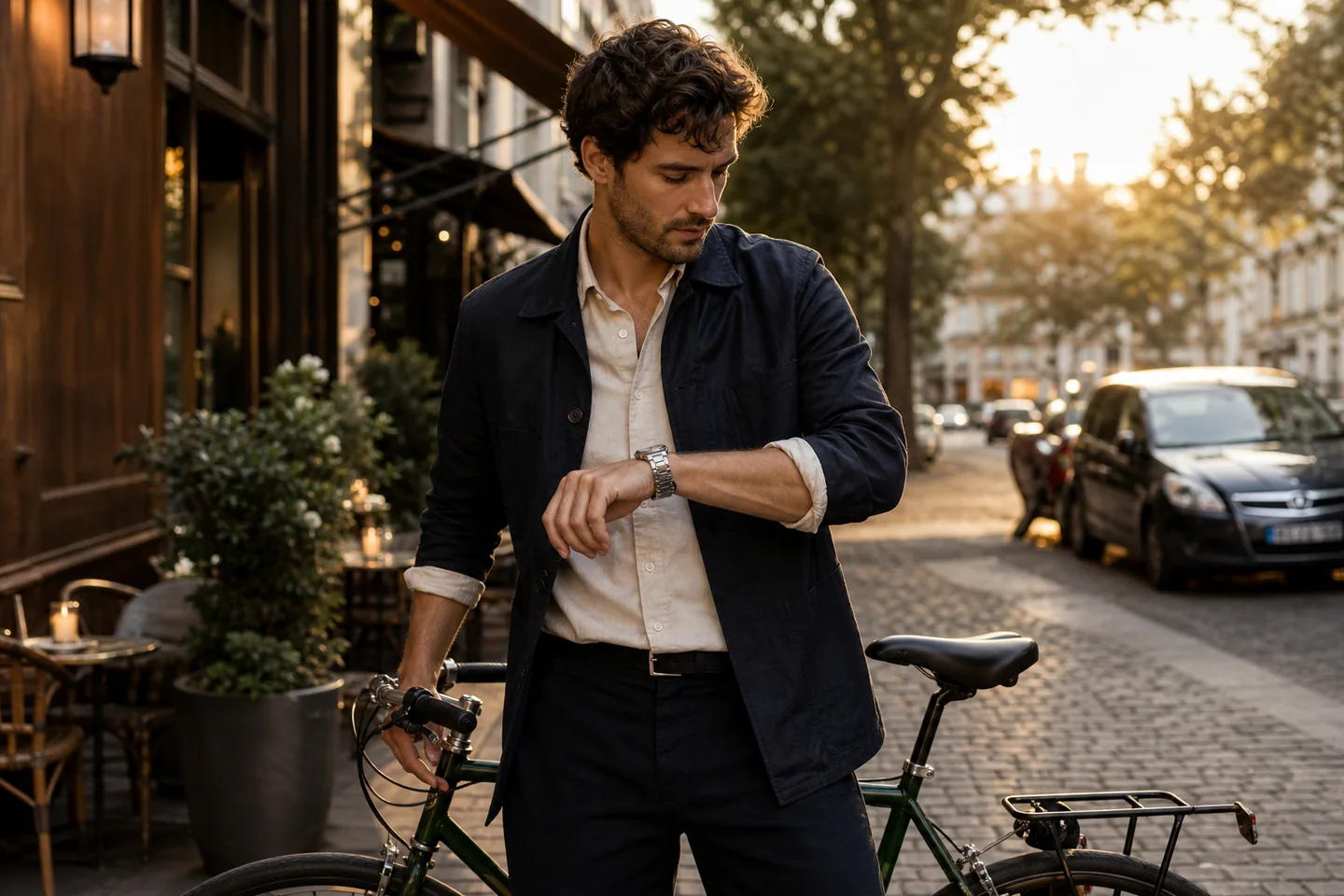 Photoreal lifestyle photo of a person checking a sporty steel watch while cycling to a casual dinner, city street at golden hour