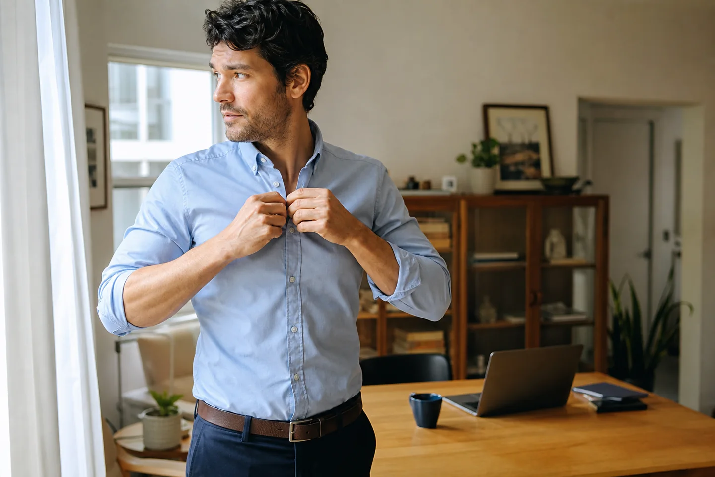 Natural lifestyle photo of a person buttoning a pale blue Oxford shirt in a sunlit apartment before a hybrid workday, laptop and coffee nearby